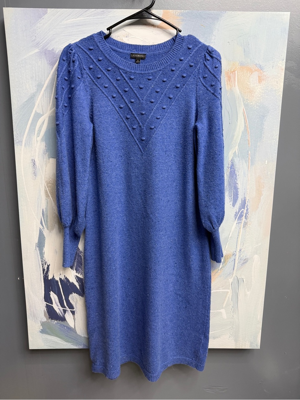 Talbots Blue Cotton Blend Sweater Dress Marled Bobble Stitch Long sleeve medium